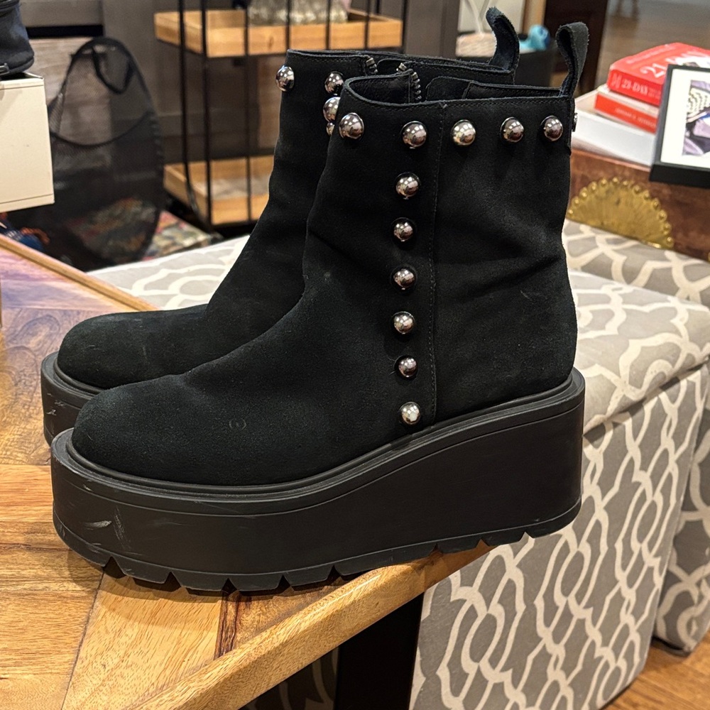 J Slides Black suede Platform Boots with Silver Studs size 8